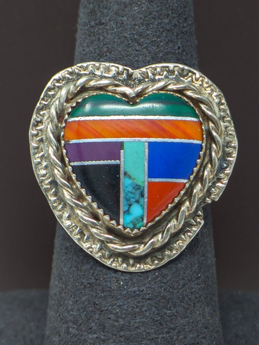 Sterling Silver Heart Inlay Ring with Turquoise, Lapis, Malachite – Size 7.75